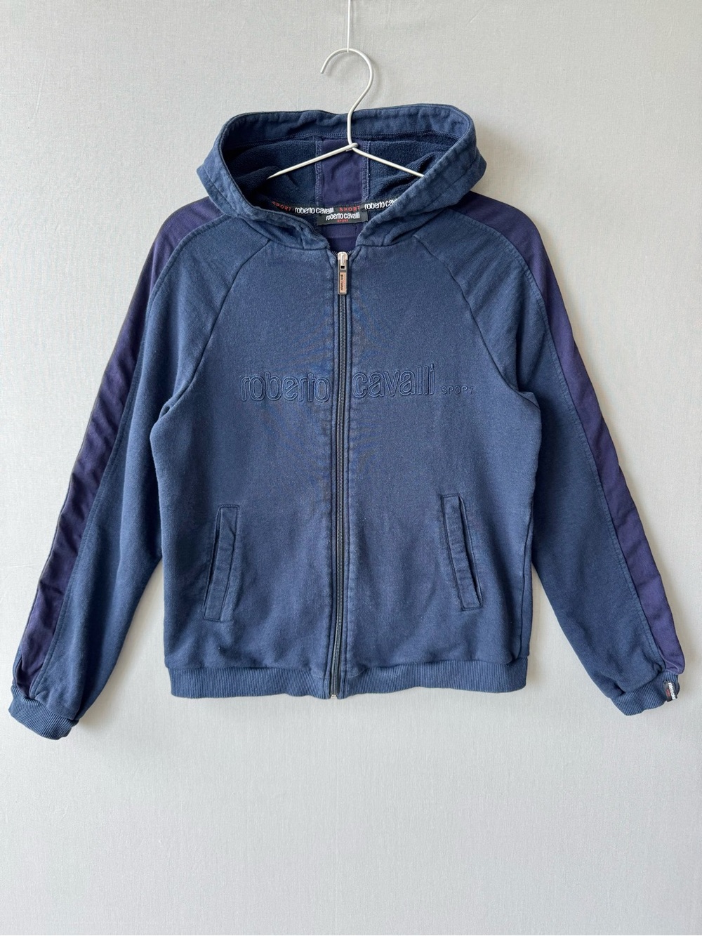 Vintage Roberto Cavalli Sport Blue Zip Hoodie with Dark Blue Sleeve Stripes